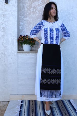 Dama - Fotă damă tradițională model geometric romb albastra