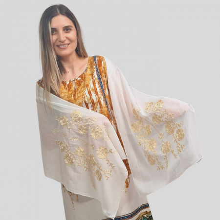 esarfe - Marama alba broderie bej floare