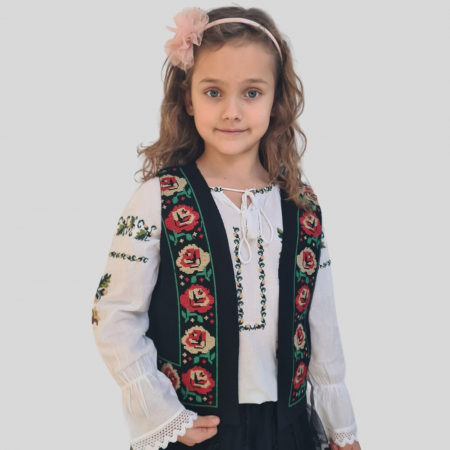 veste - Vesta traditionala copii broderie trandafiri rosii si bej