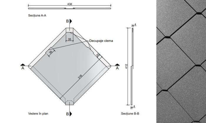 Invelitoare romb  Aluminiu texturat Invelitoara falt - Aluminiu 0,7 mm texturat Invelitoara falt -  Aluminiu 0,7 mm texturat tabla sistem acoperis, solzi tigla metalica click [2]