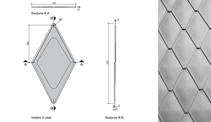 Invelitoare romb  Aluminiu texturat Invelitoara falt - Aluminiu 0,7 mm texturat Invelitoara falt -  Aluminiu 0,7 mm texturat tabla sistem acoperis, solzi tigla metalica click [6]