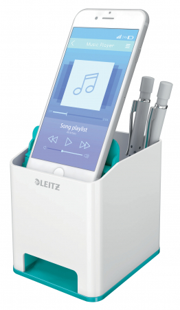 SUPORT ACCESORII PENTRU SCRIS - Suport pentru instrumente de scris pahar patrat cu difuzor Leitz Wow - model nou alb cu neon turquise