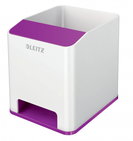 SUPORT ACCESORII PENTRU SCRIS - Suport pentru instrumente de scris pahar patrat cu difuzor Leitz Wow - model nou alb cu neon mov