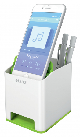 SUPORT ACCESORII PENTRU SCRIS - Suport pentru instrumente de scris pahar patrat cu difuzor Leitz Wow - model nou alb cu neon verde