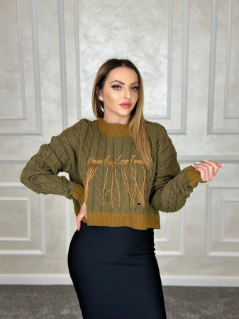 Bluze dama - Pulover verde dama moale cu franjuri