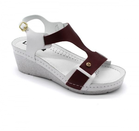 Sandale de piele naturală - Sandale Leon 1010 alb cu bordo - dama
