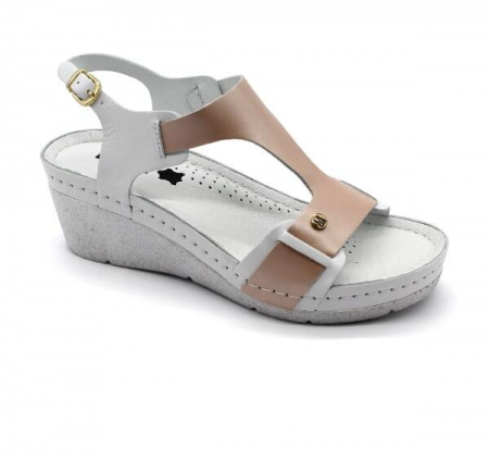 Sandale de piele naturală - Sandale Leon 1010 alb cu somon - dama