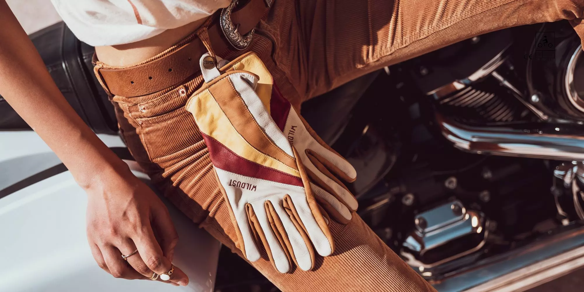 Mănuși Moto din piele pt femei WILDUST SISTERS 70s Stripes Camel [4]