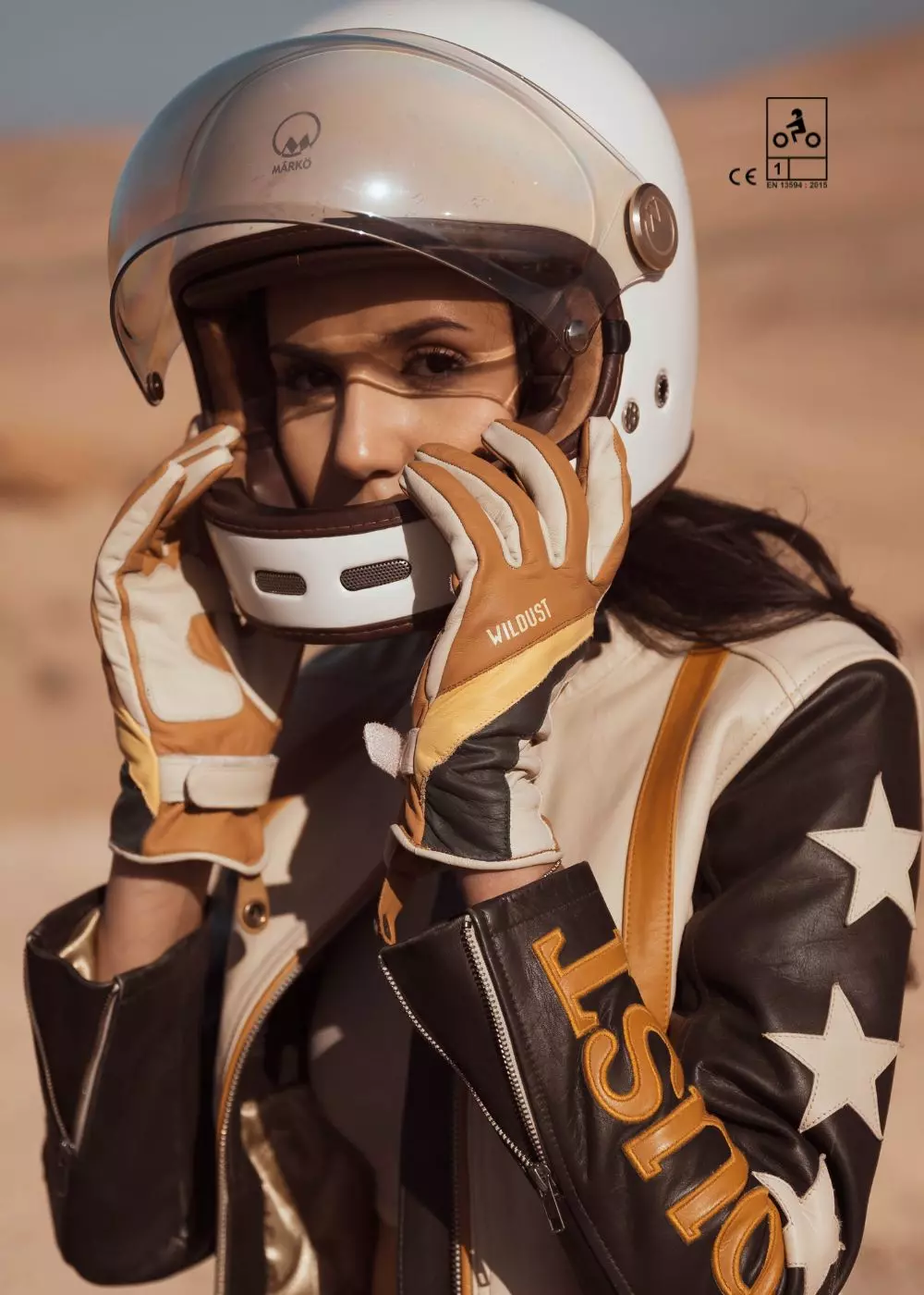 Manusi Moto - Mănuși Moto din piele pt femei WILDUST SISTERS 70s Stripes Camel