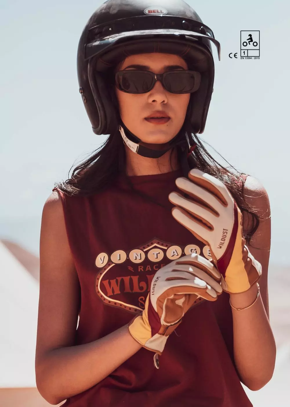 Mănuși Moto din piele pt femei WILDUST SISTERS 70s Stripes Camel [1]