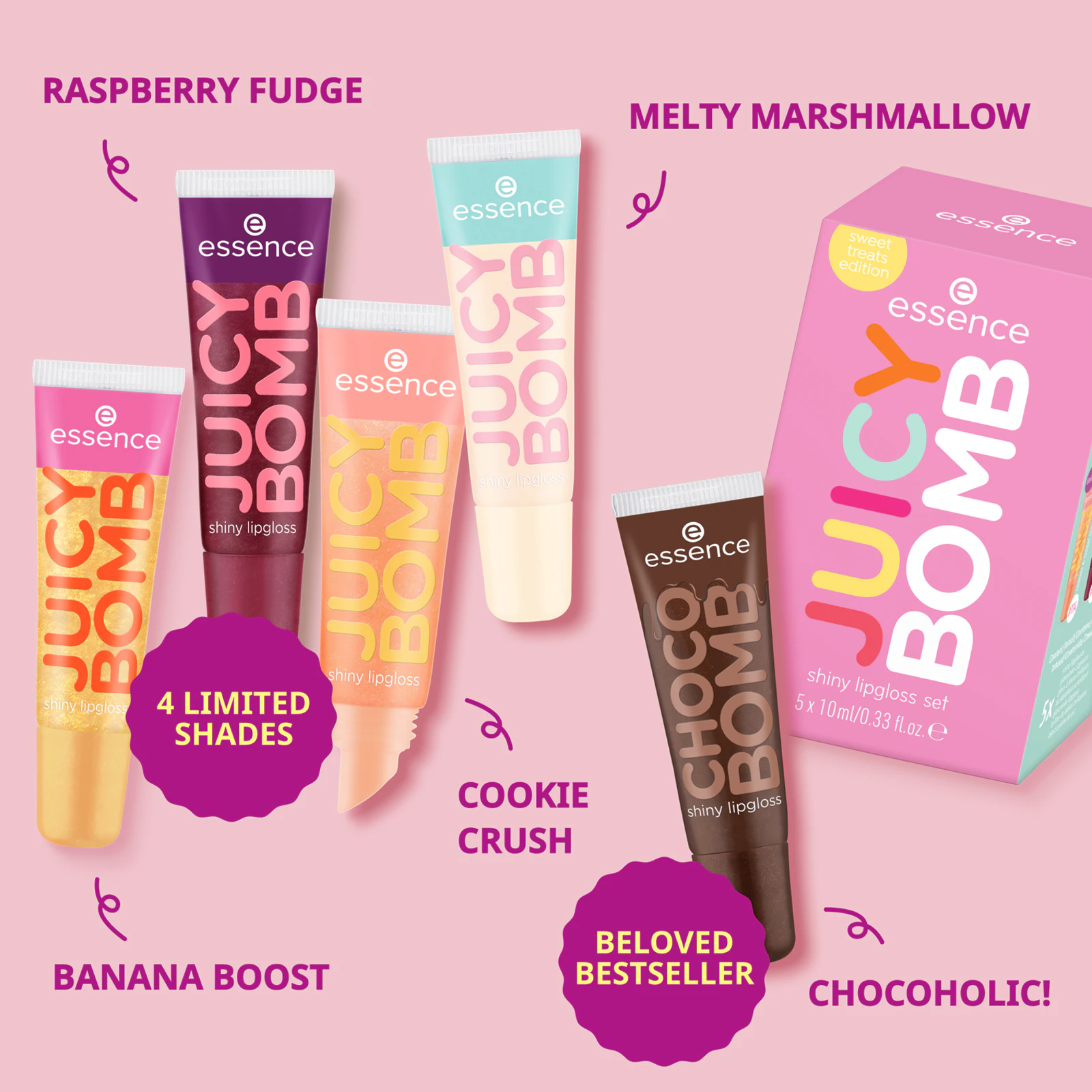 Set luciuri de buze stralucitoare, essence, JUICY BOMB sweet treats edition 04 - Sugar Coated, 1 buc [1]