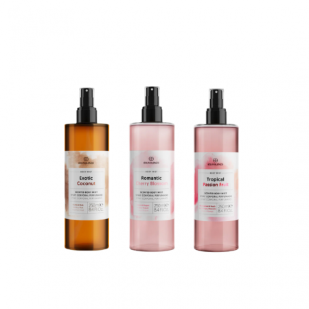 Equivalenza - Set Spray de Corp: Exotic Coconut, Tropical Passion Fruit si Romantic Cherry