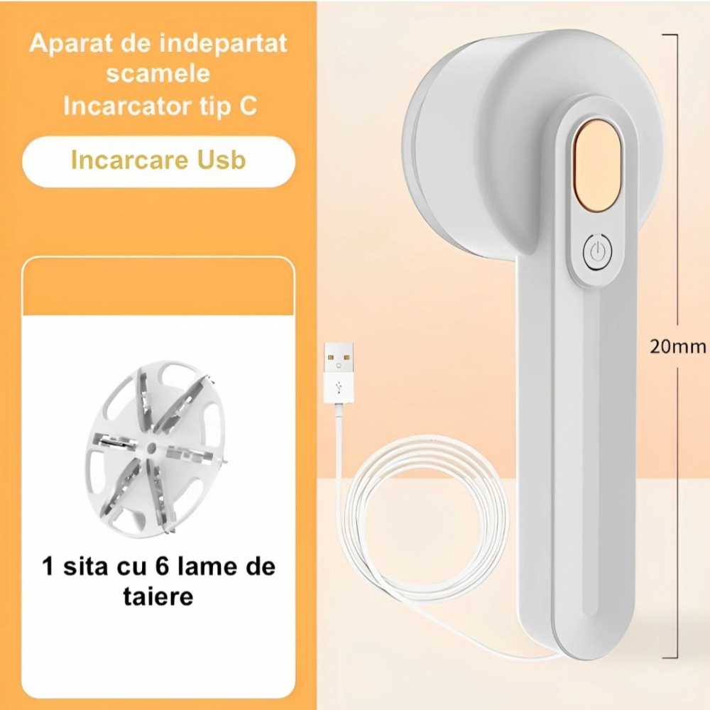Aparat de scame pentru curatat haine, Andowl®, Baterie Litiu-polimer 2000 mAh, Incarcare USB-C DC 5V, Autonomie 2-3 ore, 6 Lame, Display LED, Material ABS, 3 Moduri de Viteza, Culoare Alb, Q-M91 [6]