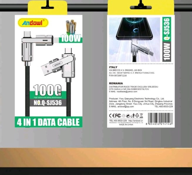 Cablu 4 în 1 pentru Încărcare Rapidă și Date, 100W, Compatibil iPhone, Android, USB, USB-C, Lightning, 1m, Negru (Q-SJ536) [4]