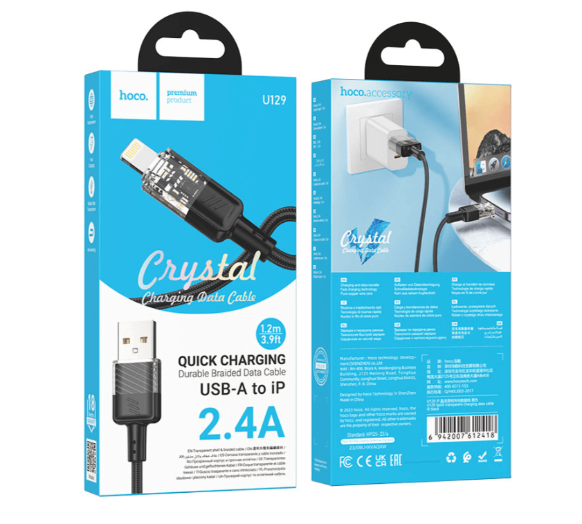 Cablu de Încărcare Rapidă și Date USB-A la Lightning, 18W, 2.4A, Design Crystal, 1.2m pentru Dispozitive Apple, Hoco (U129) [1]