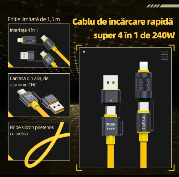 Cablu Încărcare Rapidă 4 în 1, 100W, Compatibil iPhone, Huawei, Xiaomi, OPPO – USB Lightning, USB Type-C, Type C-Type C, Type C-Lightning, 480Mbps, 1.5m, Galben (Q-SJ58) [3]