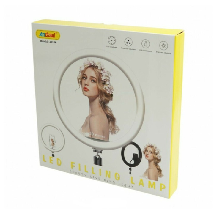 Lampa Circulara Andowl, Ring Light Q-JC100, Diametru 25cm, 2500-4500K, cu trepied si suport mobil [4]