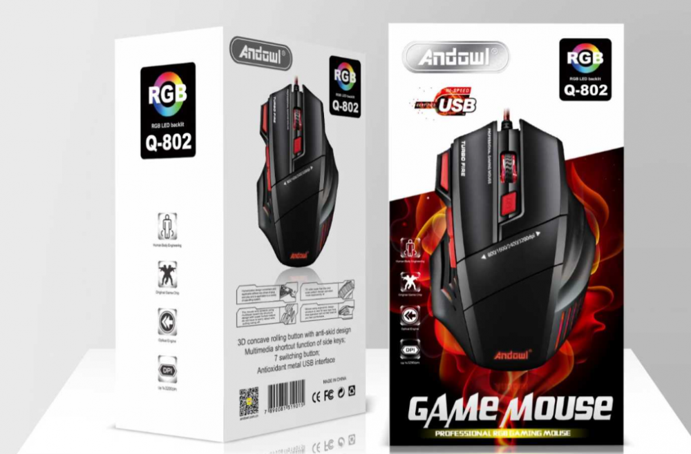Mouse Gaming, Negru/Roșu, 2400 DPI, 6 Butoane, Cablu 1.5m, Andowl (Q-802) [2]