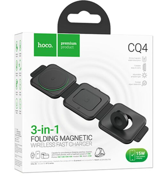 Stație de Încărcare Wireless 3 în 1, Pliabilă, MagSafe, 15W, Qi, Compatibilă cu Telefon, Ceas și Căști, Negru, Hoco (CQ4) [4]