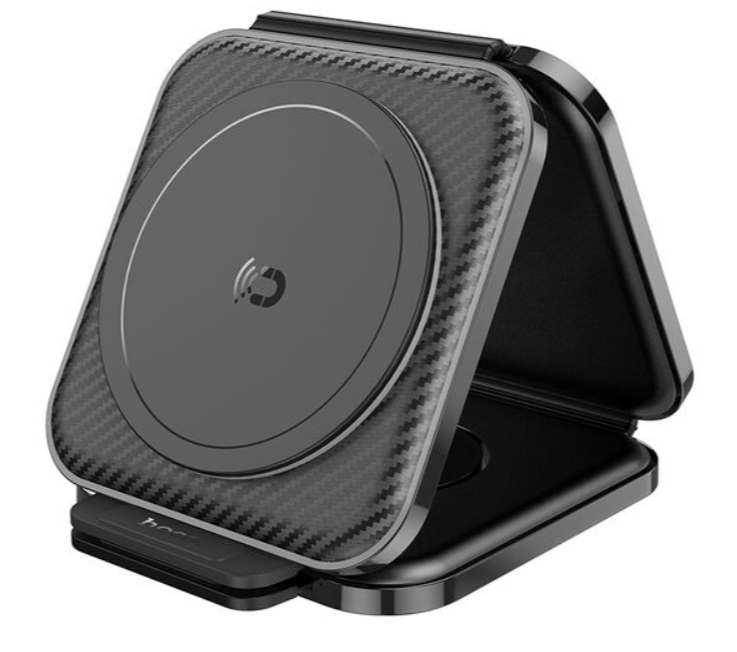 Stație de Încărcare Wireless 3 în 1, Pliabilă, MagSafe, 15W, Qi, Compatibilă cu Telefon, Ceas și Căști, Negru, Hoco (CQ4) [2]
