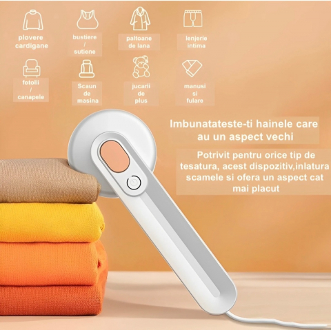Aparat de scame pentru curatat haine, Andowl®, Baterie Litiu-polimer 2000 mAh, Incarcare USB-C DC 5V, Autonomie 2-3 ore, 6 Lame, Display LED, Material ABS, 3 Moduri de Viteza, Culoare Alb, Q-M91 [6]