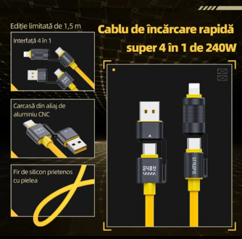 Cablu Încărcare Rapidă 4 în 1, 100W, Compatibil iPhone, Huawei, Xiaomi, OPPO – USB Lightning, USB Type-C, Type C-Type C, Type C-Lightning, 480Mbps, 1.5m, Galben (Q-SJ58) [2]