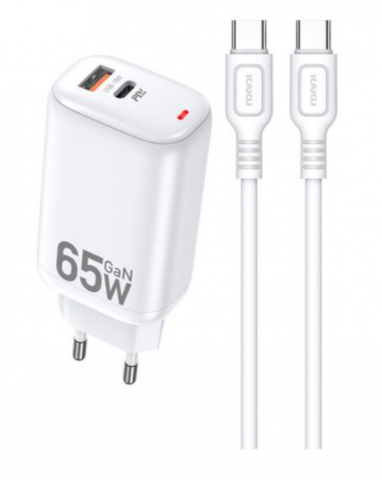 Incarcatoare telefoane - Încărcător 65W, Cablu USB-C, Dual Port USB-C/USB-A, Tehnologie PD și QC 3.0, Alb, Kakusiga (KSC-690)