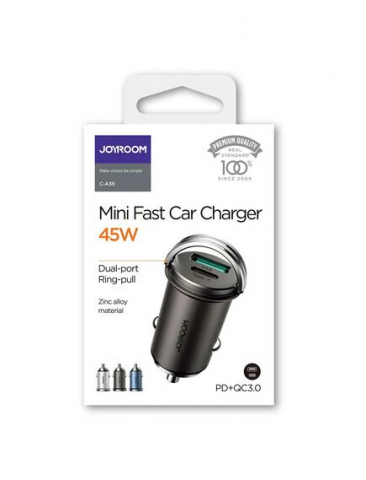 Încărcător Auto, Mini, Fast Charging, 1xUSB-C, 1xUSB-A, 45W, PD, Ring-Pull, JoyRoom, Negru, (C-A35) [2]