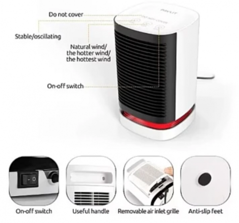 Mini Încălzitor Electric Portabil, cu Termostat, Elemente Ceramice, Protecție la Supraincalzire, Ideal pentru Birou și Casă, 950W, Andowl (Q-NF002) [4]