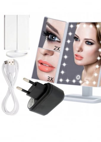 Oglinzi cosmetice - Oglinda de machiaj LED cu iluminare, Pliabila, 22 LED-uri, Pivotare 180 grade, Zoom 10X, Alimentare USB, Q-LM11