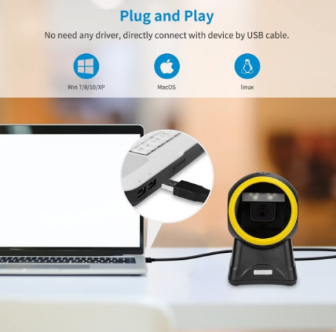Scaner de Coduri de Bare cu Cablul USB, 1D 2D AQR, Omnidirecțional, Detectare Automată, Negru-Galben, Andowl (Q-SM6) [2]