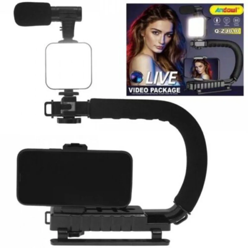 TV, Audio-Video & Foto - Stabilizator de imagine pentru telefon/aparat foto, cu telecomanda, maner in C, lumină LED si microfon Q-ZJ010