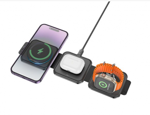 Incarcatoare telefoane - Stație de Încărcare Wireless 3 în 1, Pliabilă, MagSafe, 15W, Qi, Compatibilă cu Telefon, Ceas și Căști, Negru, Hoco (CQ4)