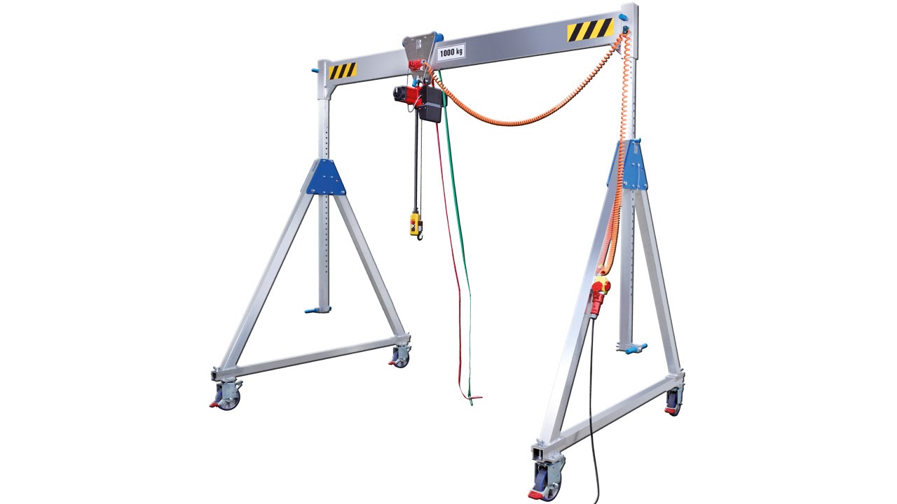 Macara portal din aluminiu de 1.000 kg, echipată cu palan electric