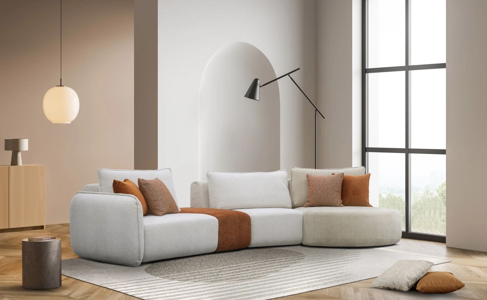 Canapea 5 locuri bej cu portocaliu OSLO