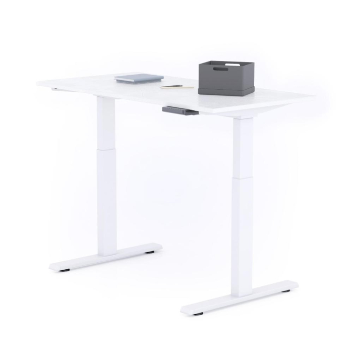 Birou cu înălțime ajustabilă electric, cu structură metalică albă și blat din melamină, alb beton, 120x60 - CLARA [2]