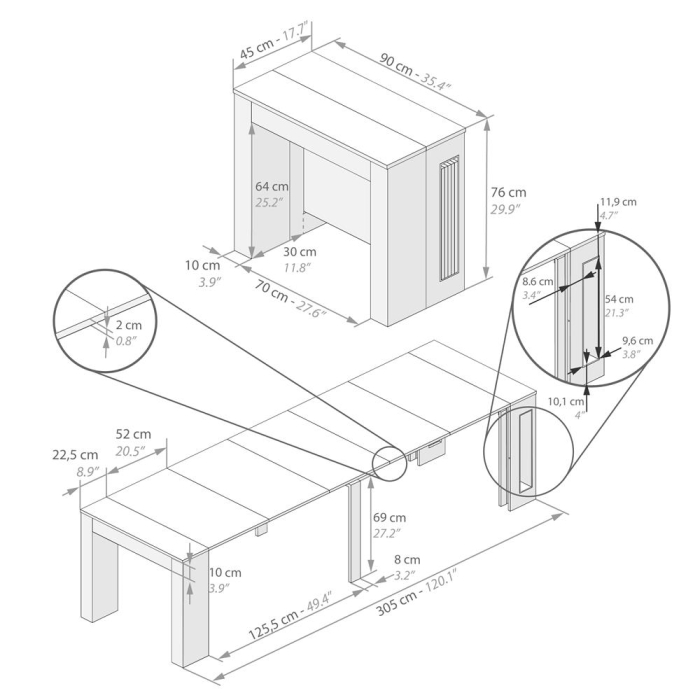Consolă extensibilă din melamină, cu spațiu de depozitare, gri ciment - EASY [5]
