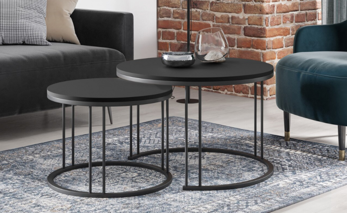 Măsuțe de cafea, set 2, structură metalică neagră, blat negru -  RAGNAR [2]