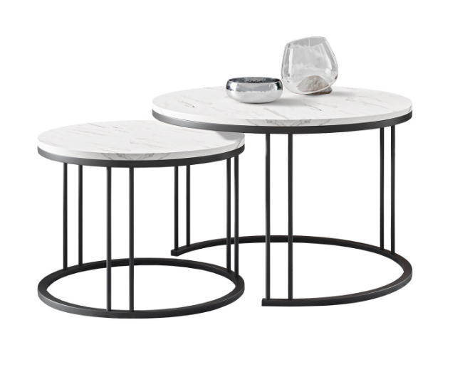 Măsuțe de cafea, set 2, structură metalică neagră, blat cu aspect de marmură albă - RAGNAR [5]