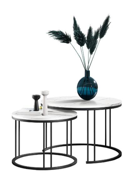 Măsuțe de cafea, set 2, structură metalică neagră, blat cu aspect de marmură albă - RAGNAR [4]