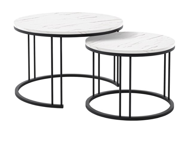 Măsuțe de cafea, set 2, structură metalică neagră, blat cu aspect de marmură albă - RAGNAR [3]