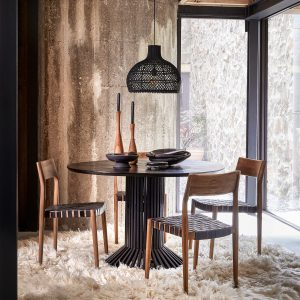 Scaun dining Freya din lemn de tec cu sezut impletit din piele neagra [6]