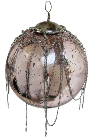 Noutati - Glob bilă de sticlă roz antic cu lanț decorativ argintiu, 12 cm