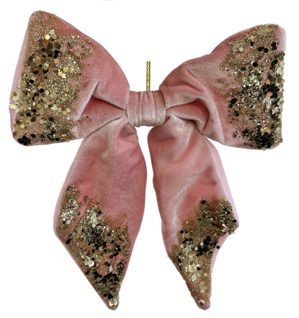 Noutati - Glob decorativ, fundiță catifea roz cu sclipici auriu, 22 cm