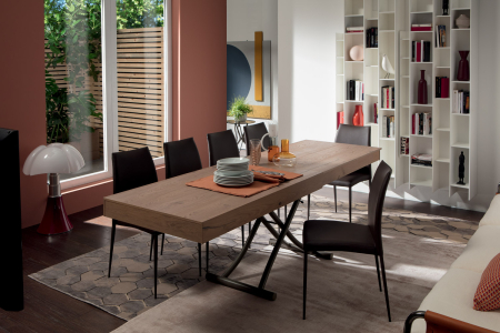 Mobila dining - Masă cu structură metalică gri și blat din lemn de stejar rustic, transformabilă și extensibilă - NEWOOD