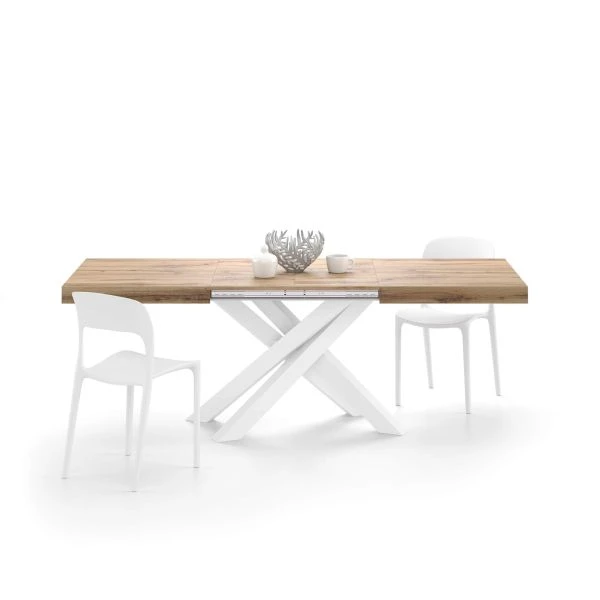Mese - Masă extensibilă metalică albă, stejar rustic 140 cm - EMMA