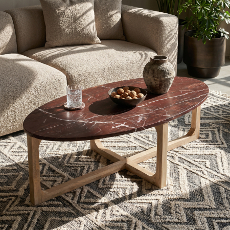 Noutati - Masuta de cafea Cherry Bordeaux din marmura si lemn masiv de mango, 120 cm