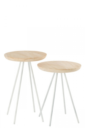 Masute auxiliare - Măsuță de cafea, set 2, metal alb, blat lemn natural, 34x34x46/53cm - MARK WOOD