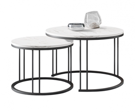 Măsuțe de cafea, set 2, structură metalică neagră, blat cu aspect de marmură albă - RAGNAR [4]