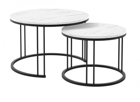Măsuțe de cafea, set 2, structură metalică neagră, blat cu aspect de marmură albă - RAGNAR [2]